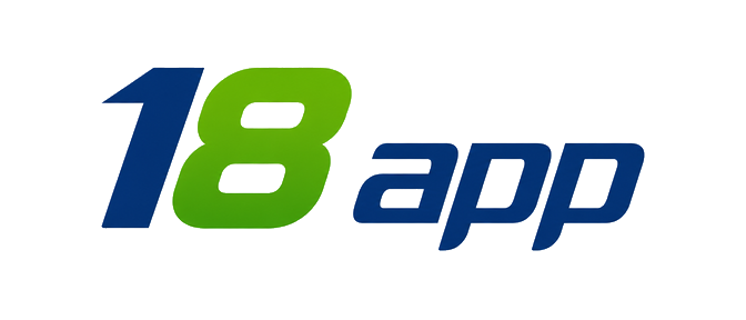 18 app logo in a neon purple circle